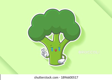 CRYING, SAD, SOB, CRY Face Emotion. Peace Finger Hand Gesture. Broccoli Vegetable Cartoon Drawing Mascot Illustration.