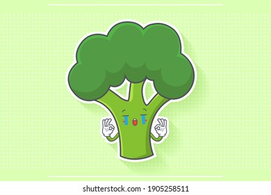 CRYING, SAD, SOB, CRY Face Emotion. Double Nice Finger Hand Gesture. Broccoli Vegetable Cartoon Drawing Mascot Illustration.