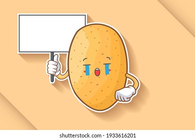 CRYING, SAD, SOB, CRY Face Emotion. Holding Whiteboard Hand Gesture. Potato Vegetable Character Cartoon Drawing Mascot Illustration.