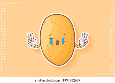 CRYING, SAD, SOB, CRY Face Emotion. Double Peace Finger Gesture. Potato Vegetable Character Cartoon Drawing Mascot Illustration.