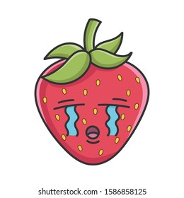 Crying sad strawberry fruit icon cartoon isolated on white