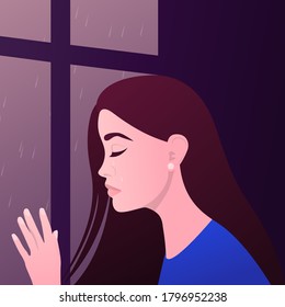Crying Sad Young Girl or Woman with closed Eyes Closeup. Depression, Stress Concept. Vector Portrait in Flat Cartoon Style, Illustration