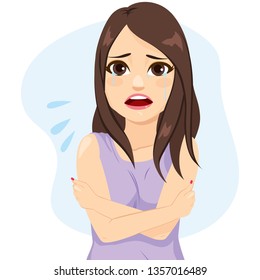 Crying sad young helpless girl having problems feeling bad in need of help
