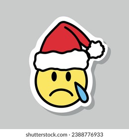 pegatina de santa emoji llorando, cara con lágrima, pegatina de navidad de cara triste, elemento de diseño de vector de sombrero santa