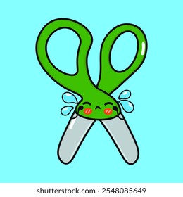 Crying Scissors character. Vector hand drawn cartoon kawaii character illustration icon. Isolated on blue background. Sad Scissors character concept