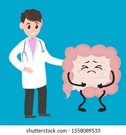 Crying, sick, intestines. Cute funny smiling doctor, healthcare, medical care. Vector illustration. Health concept Cartoon character.