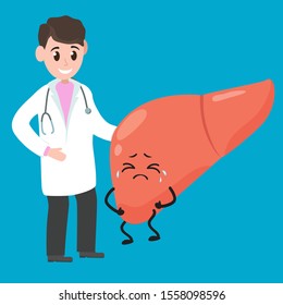 Crying, sick, liver. Cute funny smiling doctor, healthcare, medical care. Vector illustration. Health concept Cartoon character.
