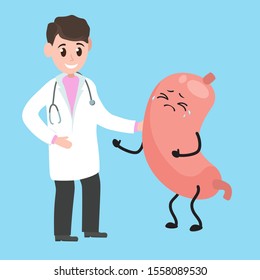 Crying, sick, stomach. Cute funny smiling doctor, healthcare, medical care. Vector illustration. Health concept Cartoon character.