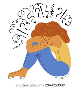 Crying sitting woman suffering fatigue from frustration depression complex psychological disease. Headache, depression, anxiety concept. Mental health. Vector illustration. 