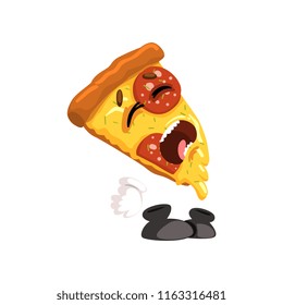Crying slice of pizza, funny cartoon fast food character vector Illustration on a white background