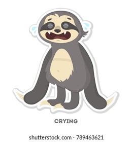 Crying sloth sticker. Isolated funny cartoon character.