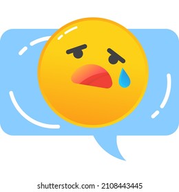 Crying smiley icon. Sad emoticon vector. Message speech bubble design. Depressed, unhappy or upset emotion. Sticker for social media and messenger chat