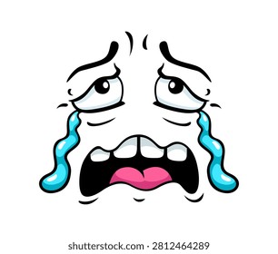 Crying sobbing face emoji with sad emotion and unhappy hurt expression. Cartoon face with tears flow, sobbing or weeping and blubbing of offended poor look or aggrieved resentful emotion expression