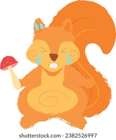 crying Squirrel holding red mushroom
