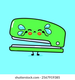 Crying Stapler character. Vector hand drawn cartoon kawaii character illustration icon. Isolated on blue background. Sad Stapler character concept