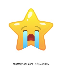 Crying star shaped comic emoticon. Weeping face with facial expression. Sobbing emoji symbol for internet chatting. Funny social communication animated character. Mood message isolated vector element
