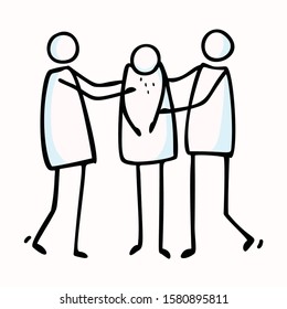 Crying Stick Figure with 2 People Comforting. Hand Drawn Isolated Flat Black White Illustration. Compassion Communication Stickman Doodle Drawing Clipart. Healthcare, Sketchnote Motif. Vector EPS 10