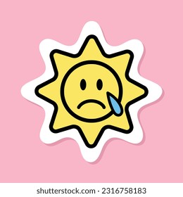 crying sun sticker, yellow symbol with black outline, cute sad emoji on pink background, groovy aesthetic vector design element