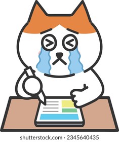 The crying tabby cat can't keep up with the classes with a tablet PC, vector illustration.