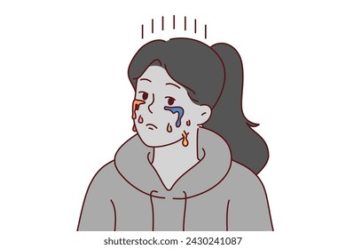 Crying teenage woman with depressed grimace and multi-colored tears, suffering due to lack of creative success. Crying girl needs support from friends to restore psychological state