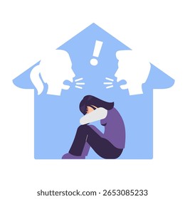 crying teenager sitting curled up with parent fighting ague, Domestic Dispute Vector Illustration.