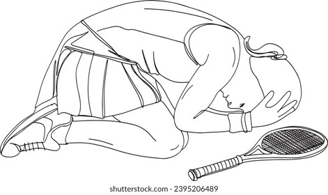 Crying Tennis Player Vector Illustration: Game Sorrow, Tennis Match Defeat: Sad Female Player Clip Art, Player with Head in Hands: Illustration of Loss Emotion