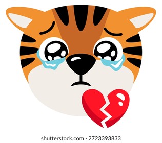 Tigre llorando con el corazón roto. Emoji de animal triste