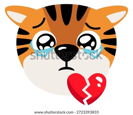 Crying tiger with broken heart. Sad animal emoji