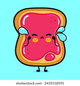 Crying Toast piece of bread with jam character. Vector hand drawn cartoon kawaii character illustration icon. Isolated on blue background. Sad Toast piece of bread with jam character concept