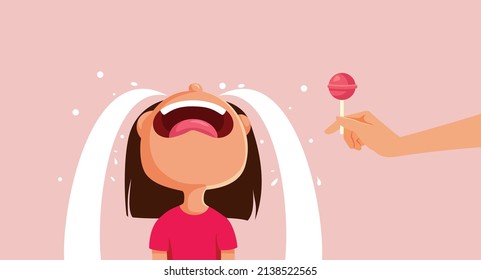 
Crying Toddler Girl Receiving a Lollipop Vector Cartoon Illustration. Mother giving in to the manipulation her daughter fake crying for candy 
