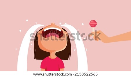 
Crying Toddler Girl Receiving a Lollipop Vector Cartoon Illustration. Mother giving in to the manipulation her daughter fake crying for candy 
 [[stock_photo]] © 