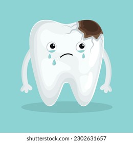 Crying tooth character with caries and pain. Vector kawaii cartoon style personage. Good for website, web design,  as a tooth icon. Stomatology, dental concept