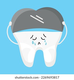 Crying tooth with decay on light blue background