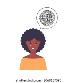 Niña llorosa e infeliz con problemas. El pensamiento caótico en la cabeza de las mujeres africanas. Concepto de salud mental por depresión. Vector aislado en blanco