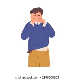 Crying unhappy man in grief, despair. Upset desperate person in sorrow, weeping, wiping tears with hands, suffering from problem. Flat graphic vector illustration isolated on white background