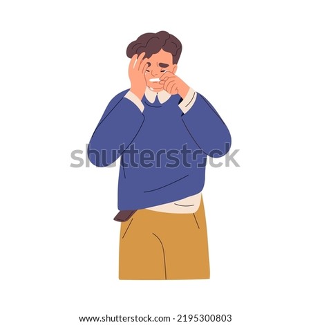 Crying unhappy man in grief, despair. Upset desperate person in sorrow, weeping, wiping tears with hands, suffering from problem. Flat graphic vector illustration isolated on white background