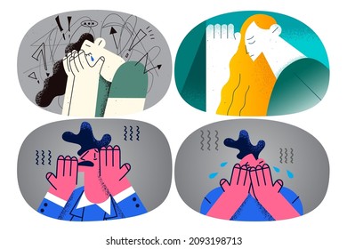 Crying unhappy woman depressed with life problems struggle with anxiety or panic attack. Upset sad girl suffer from depression or mental disorder. Burnout or breakdown. Flat vector illustration. Set.