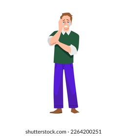 Crying upset man character suffering from stress and anxiety, flat vector illustration isolated on white background. Mental health issues and stress relief.