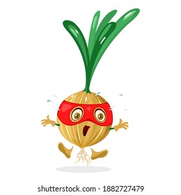 Crying vegetable with green leaves, eye, legs, hands and open mouth. Vector veggie with peel and root, vegetarian food, organic farm harvest design isolated on white background