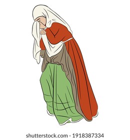 Crying or weeping medieval woman. Isolated vector illustration.