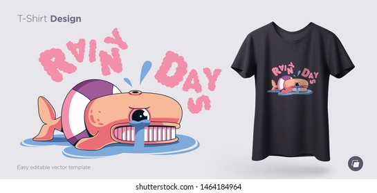 Crying whale. Prints on T-shirts, sweatshirts, cases for mobile phones, souvenirs. Isolated vector illustration on white background.