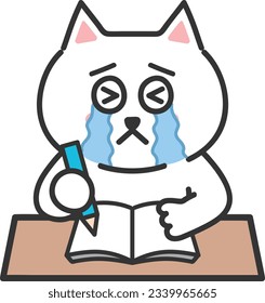 Crying white cartoon cat can't keep up with the classes, vector illustration.