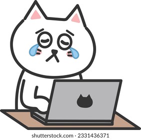 The crying white cartoon cat has sad news online, vector illustration.