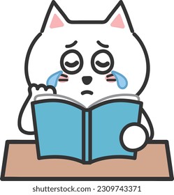 A crying white cartoon cat while reading a book, vector illustration.