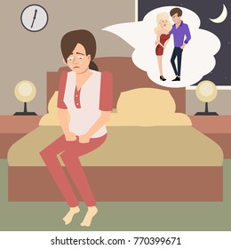 crying woman  in the bedroom imagines adultery - funny vector cartoon illustration of jealousy
