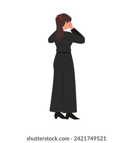Crying woman in black clothes flat style, vector illustration isolated on white background. Decorative design element, grieving character, funeral and mourning