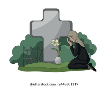 A crying woman in black mourning clothes is kneeling on the grave. A grave with a tombstone and a cross on the background of a fence and greenery. Flowers on the grave. Funeral and farewell 