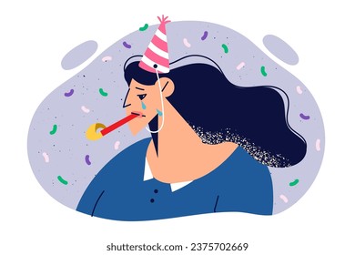 Crying woman celebrates birthday and suffers from depression caused by lack of friends. Depressed girl with birthday accessories needs psychological support from loved ones due to midlife crisis