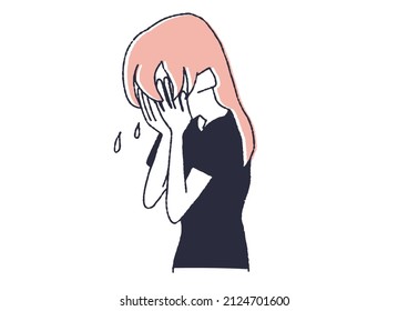 A crying woman, a comical handwritten person illustration, a simple coloring on a vector line drawing, a white background
