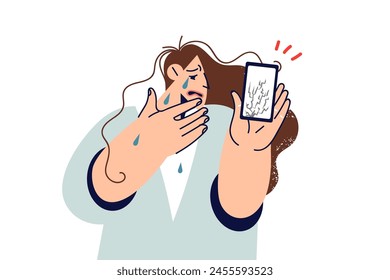 Crying woman demonstrates phone with broken display or protective film after gadget fell to ground. Damaged phone needs expensive repairs and replacement of touch screen to restore functionality